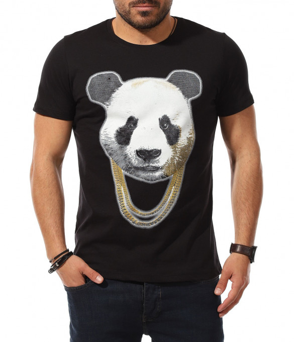 Тишърт с апликация с панда 11025 - Черен
