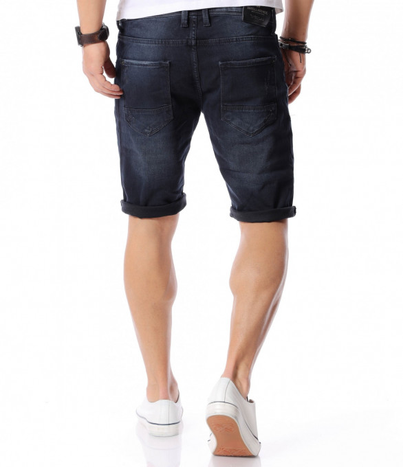 Къси тъмни дънки с връзки 12424 - Син