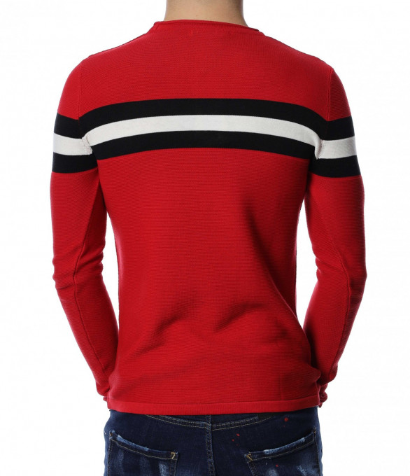 Пуловер с цветни линии 13161 - Червен