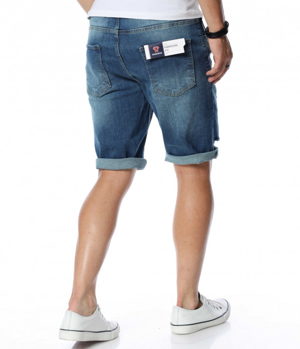 Къси дънки с промазан ефект 13893 - Син